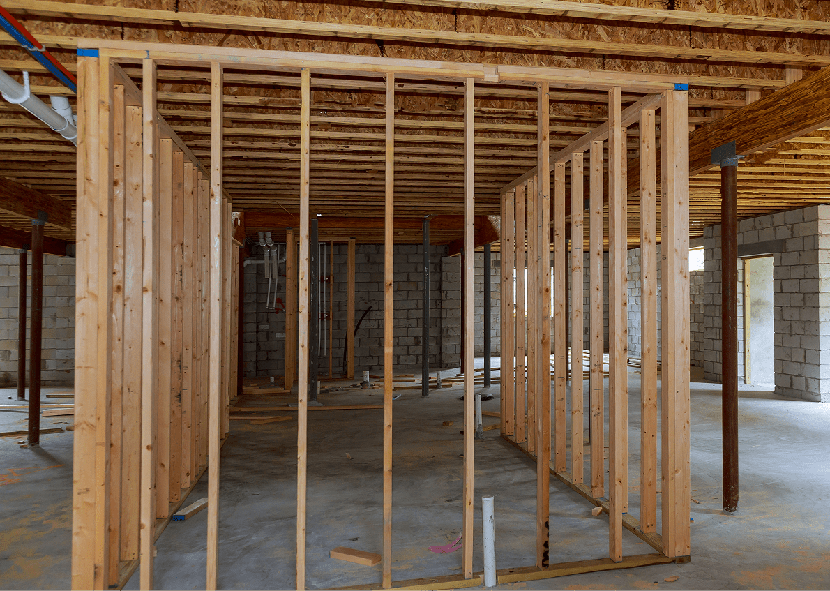 Wood frame structure in unfinished basement.