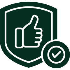 Thumbs up icon with checkmark on shield.