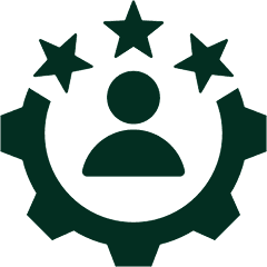 Person silhouette with stars and gear icon.