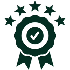 Award badge with stars and checkmark.