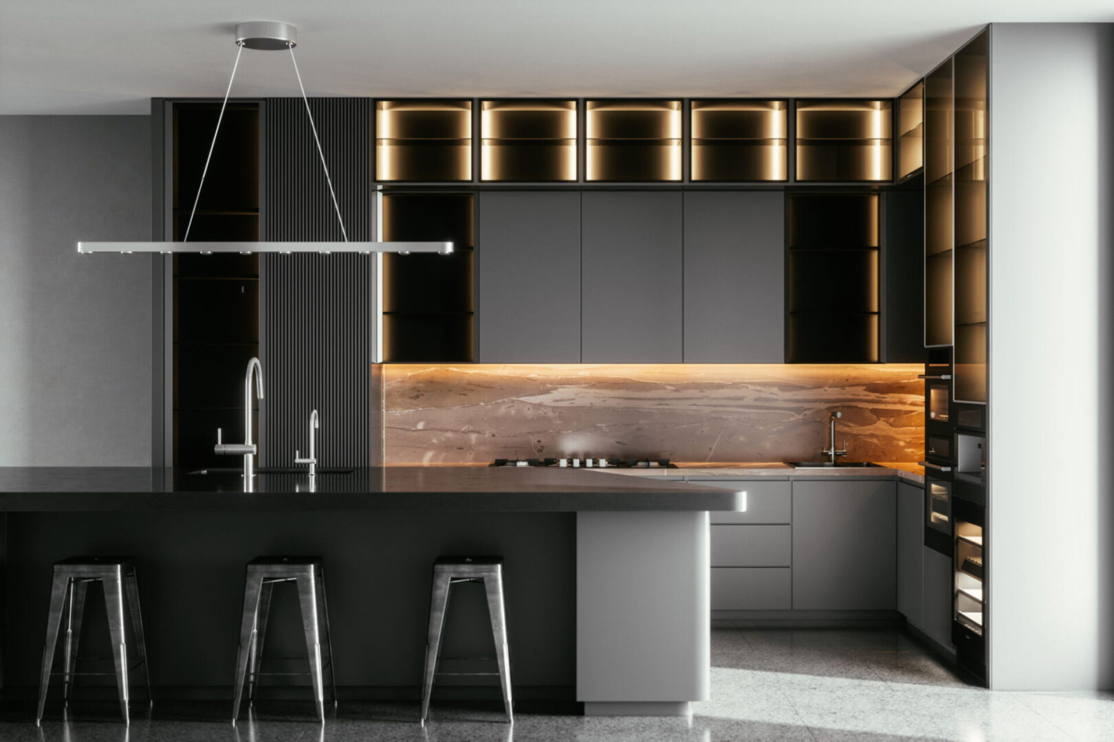 Contemporary kitchen design with bar stools