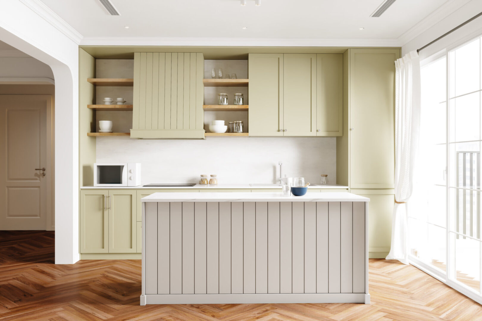 Modern kitchen with light green cabinets