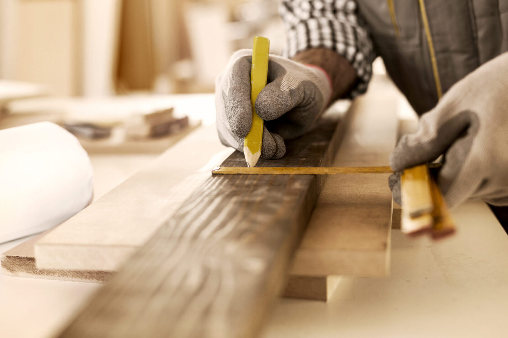 Carpenter measuring wood with tape measure