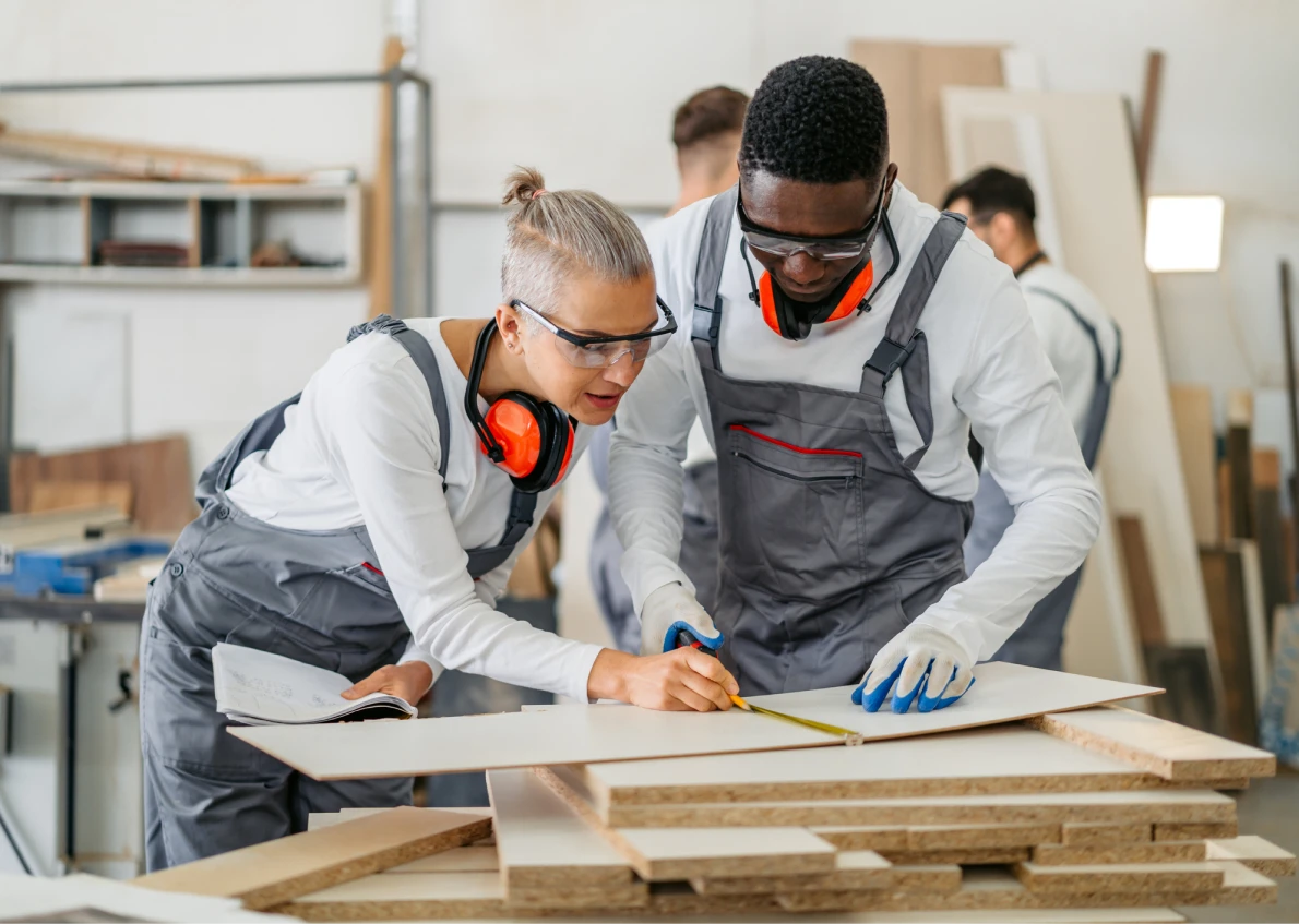 Workers collaborating on woodworking project