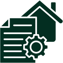 Document, gear, and house icon illustration.